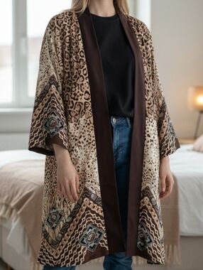 NEW! Printed Leopard Kimono Robe in Brown 4372
